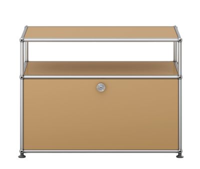 Beige USM Haller Möbel mit Klappe und Regalfach, modernes Design für Wohnzimmer und Büro.